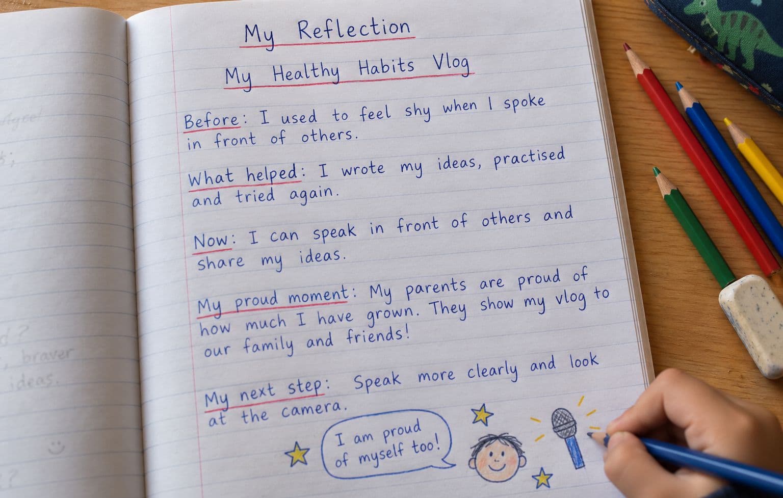 A student’s handwritten reflection on creating their healthy habits vlog