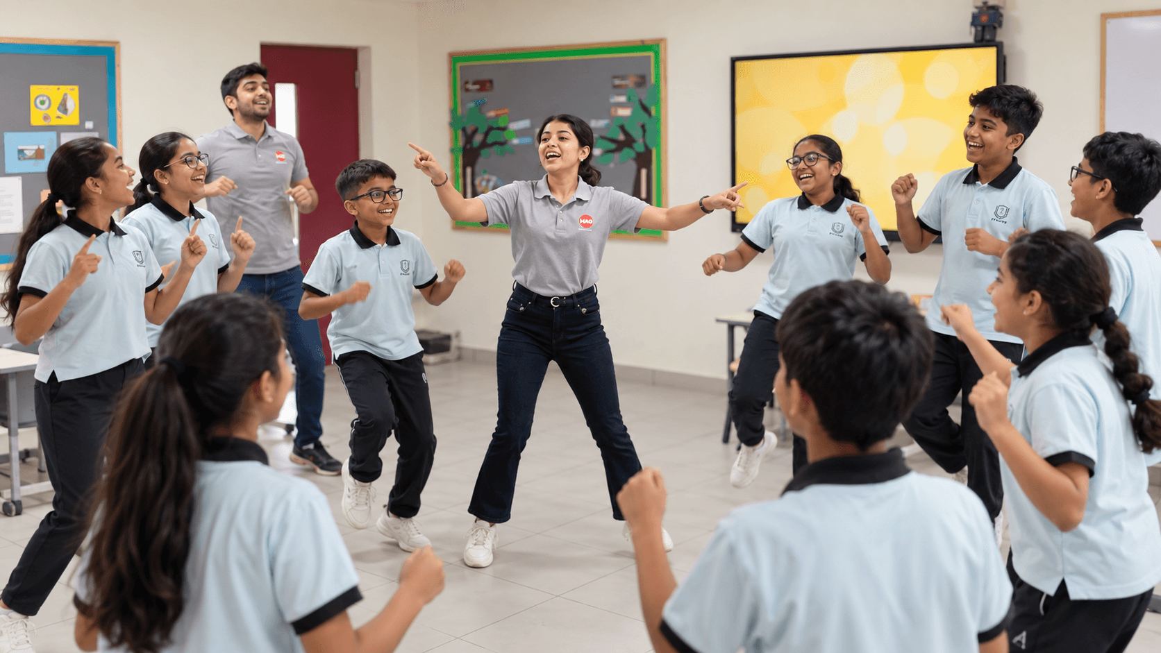 Students and facilitators building confidence through an energetic group exercise