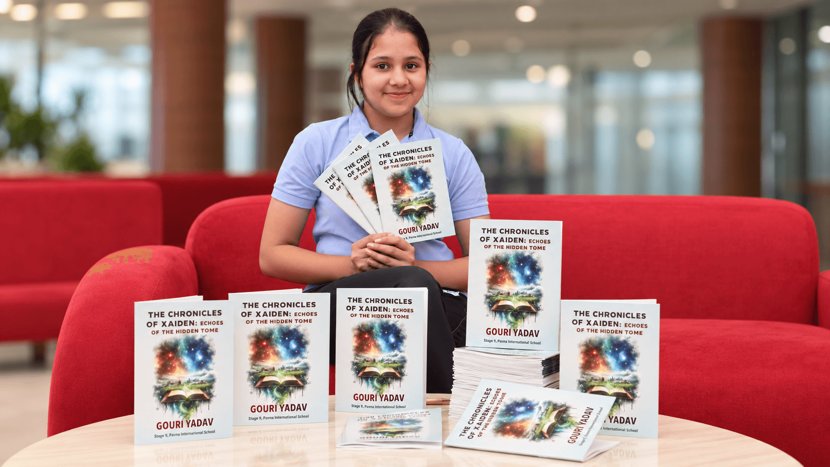 A student proudly presenting copies of her published book