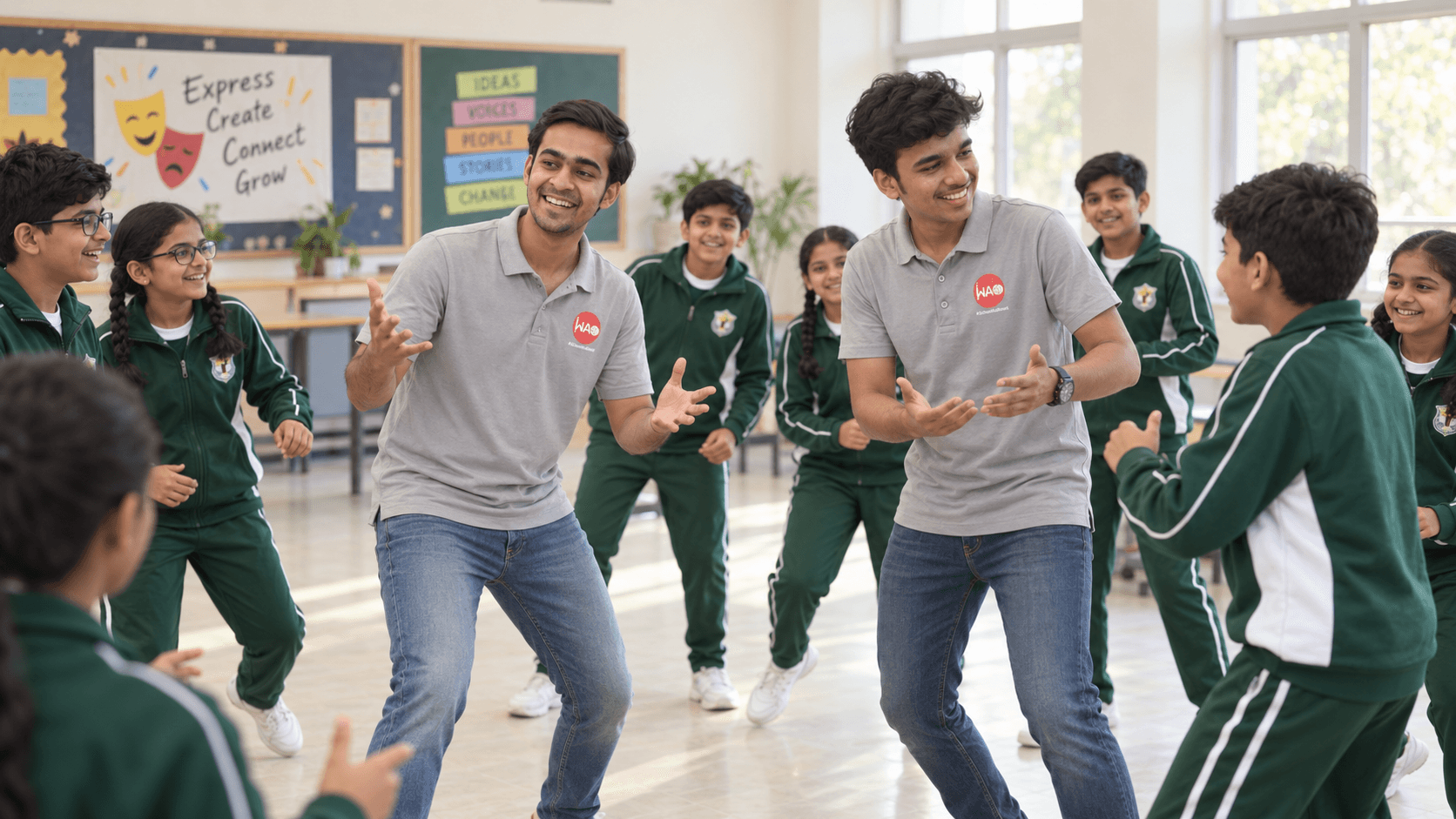 WAO facilitators guiding students through a school workshop